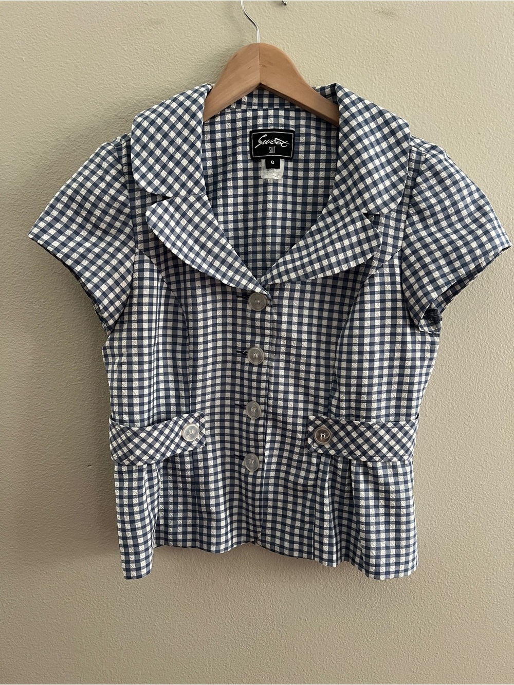 Sweet Suit Vintage Botton Down Gingham Top, Blue/White, Size 8, EUC